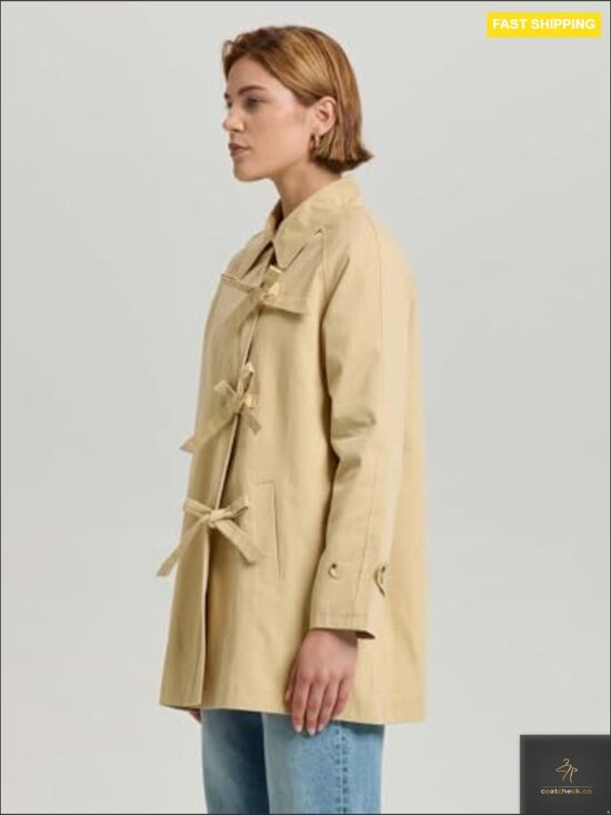 Oversized Trench Coat Classic Chic Lightweight Cotton Peacoat Bow Toggle - Picture 3 of 7